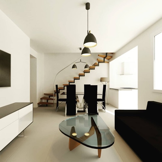 Salón y comedor con escalera flotante — SZB Arquitectura