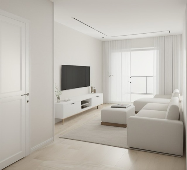 Salón minimalista en tonos claros — SZB Arquitectura